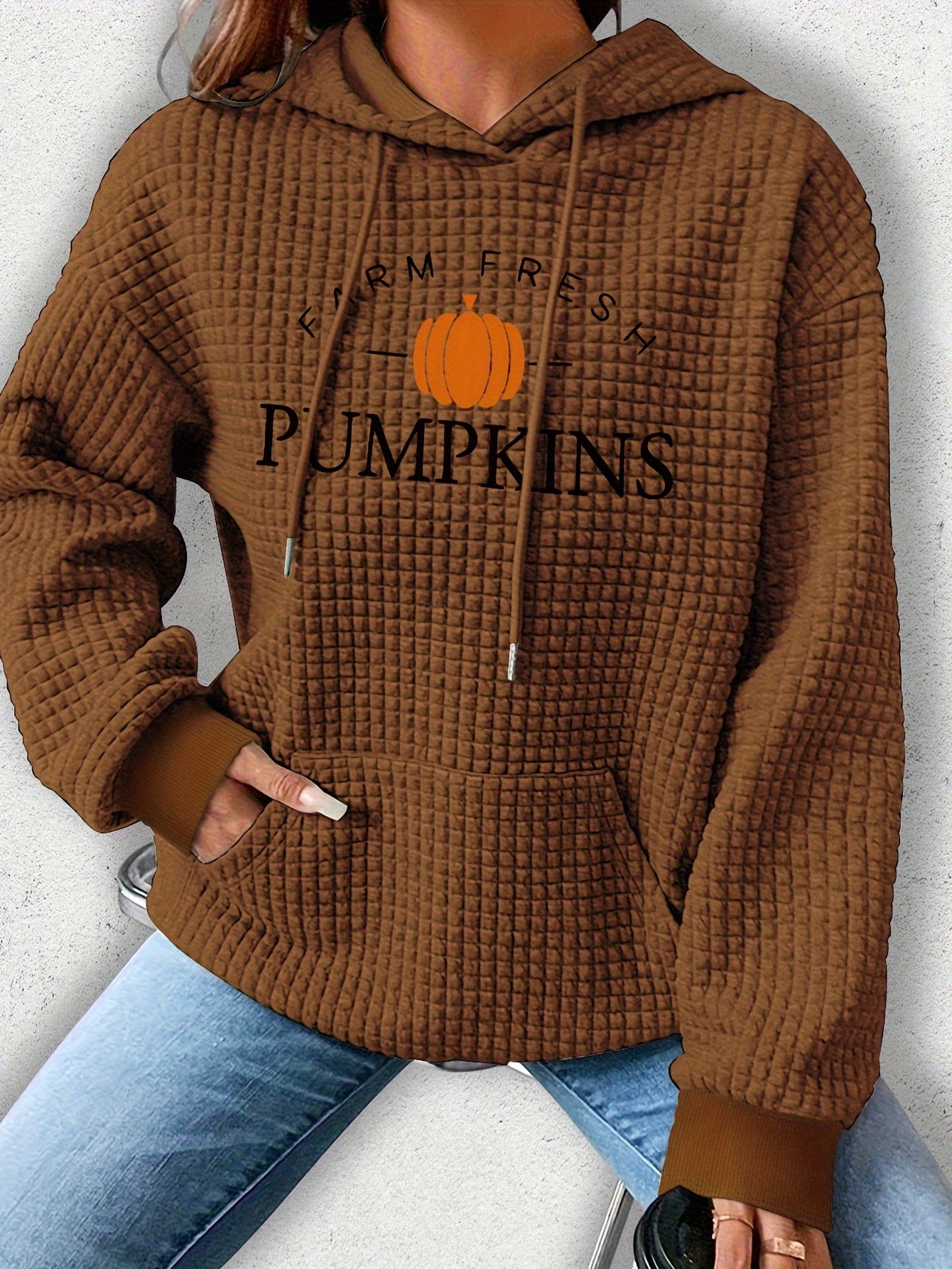 Sudadera con capucha de punto gofre acogedor para mujer con estampado de Halloween y letras: jersey informal con cordón, lavable a máquina, mezcla de poliéster y elastano