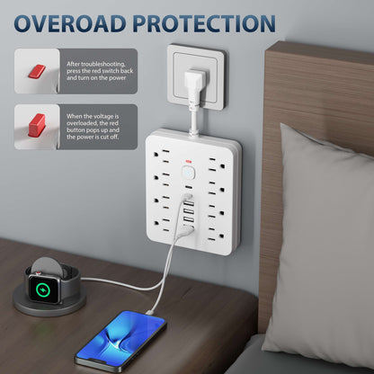 1 regleta multifuncional con interruptor y protección contra sobretensiones. Equipado con 8 tomas de corriente, 4 USB y 2 TYPE-C. Toma de corriente 14 en 1 para oficina, hogar y viajes. En blanco y negro.