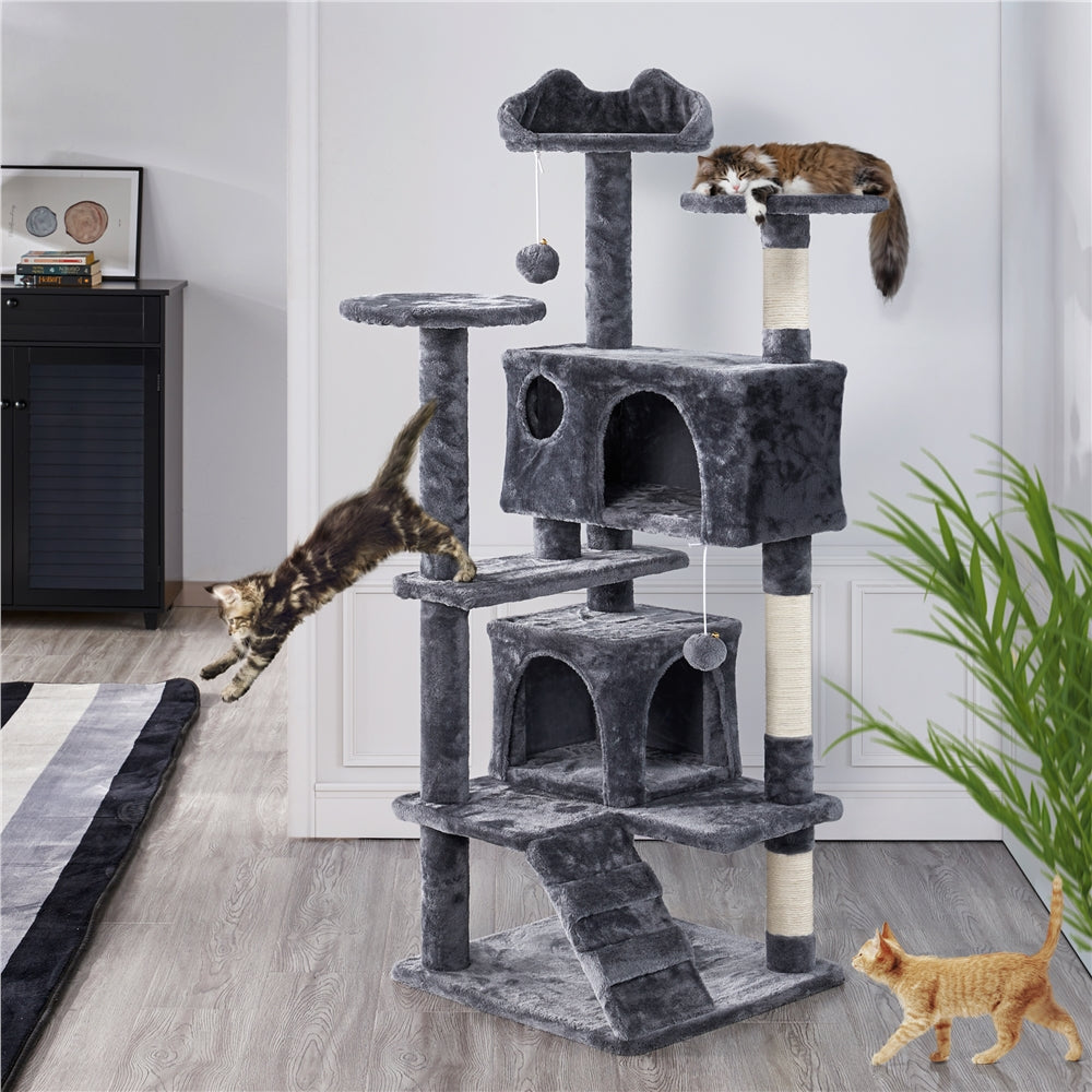 Árbol para gatos Costoffs de 54 pulgadas, torre para gatos con 2 conos, 2 bolas colgantes y 3 postes para rascar, casa grande para gatos y gatitos