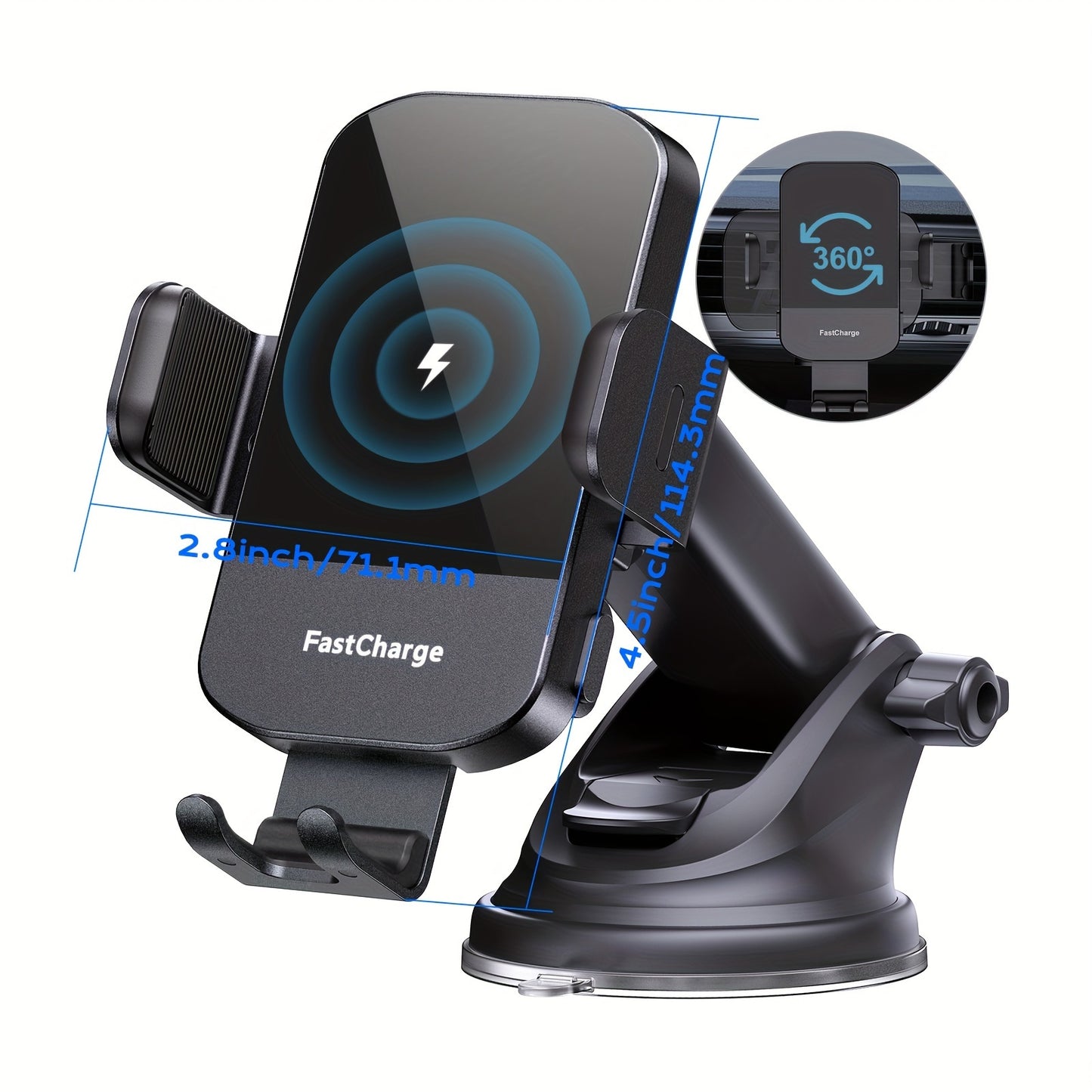 CHGeek Cargador de coche inalámbrico, carga rápida de 15 W, cargador de coche con sujeción automática, soporte para teléfono para iPhone 15 14 13 12 11 Pro Max Xs, Samsung Galaxy S24 Ultra S23 S22 S21, S20, S10+, negro