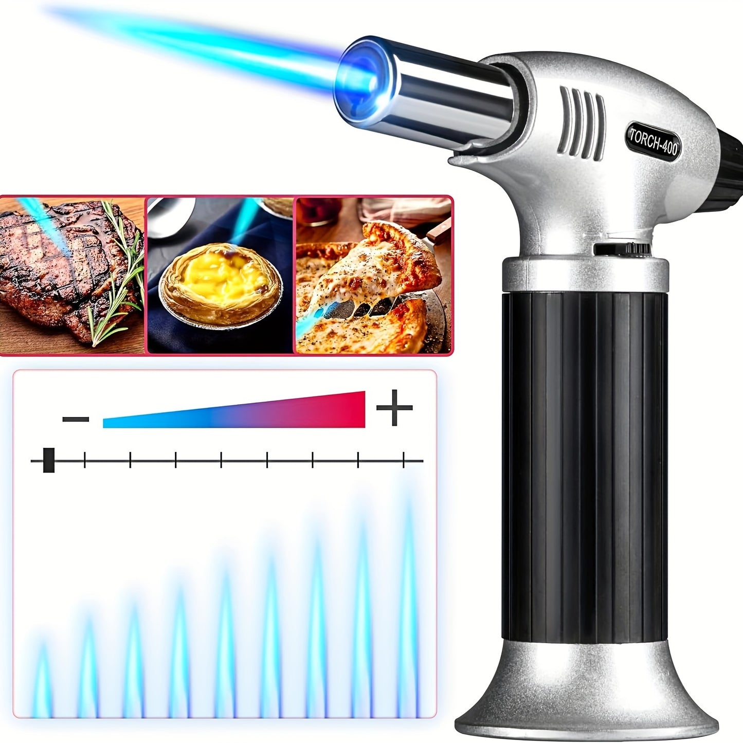 El soplete de butano S400, un encendedor de soplete de cocina recargable, es adecuado para todos los quemadores de tanque de butano, con cierre de seguridad y llama ajustable, y se utiliza para postres, pudín de caramelo y repostería, excepto gas but