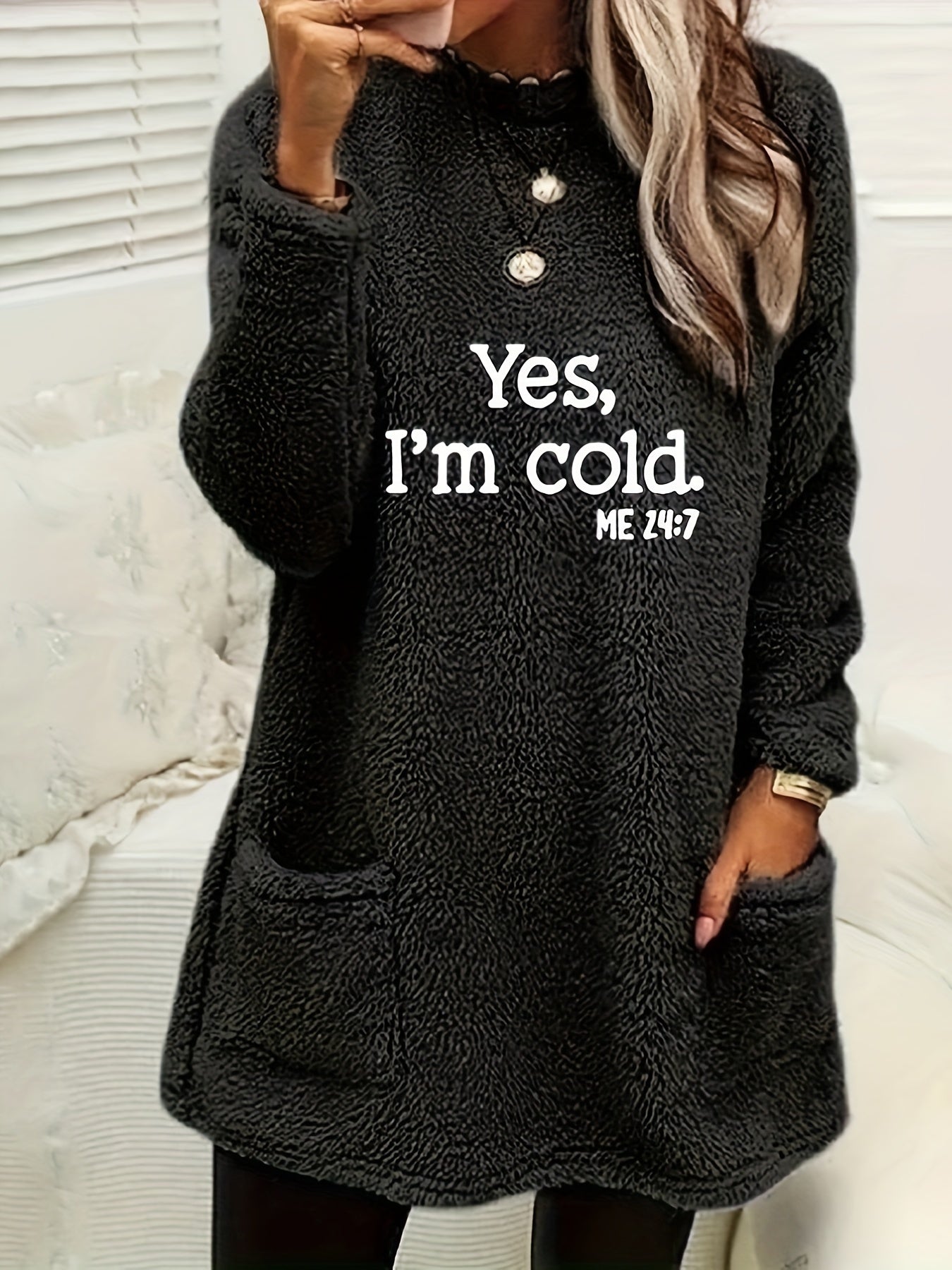 Yes I'm Cold Sudadera de forro polar con estampado, sudadera informal de manga larga con cuello redondo y bolsillos para otoño e invierno, ropa de mujer