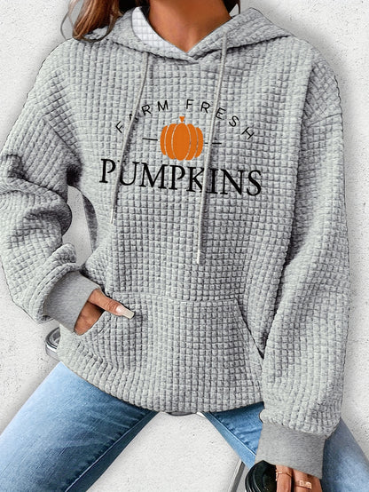 Sudadera con capucha de punto gofre acogedor para mujer con estampado de Halloween y letras: jersey informal con cordón, lavable a máquina, mezcla de poliéster y elastano