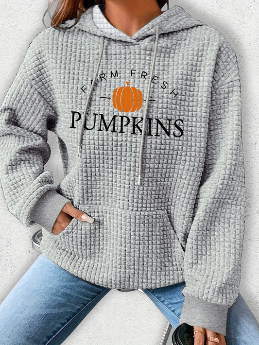 Acogedora sudadera con capucha de punto tipo gofre para mujer con estampado de letras y Halloween - Jersey informal con cordón, lavable a máquina, mezcla de poliéster/spandex