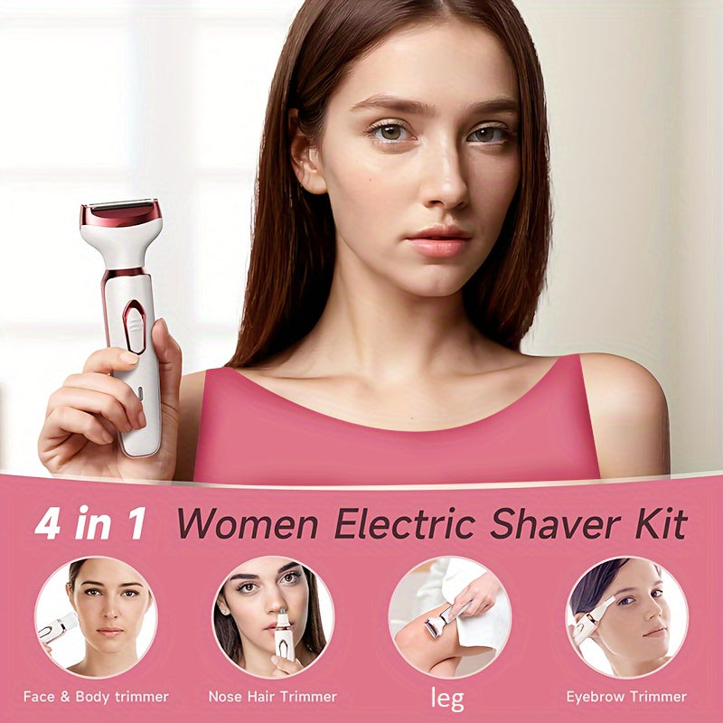 Maquinilla de afeitar eléctrica para mujeres, kit de aseo recargable 4 en 1, Afeitadora eléctrica para rostro, nariz, piernas y axilas, recortadora de bikini para mujeres húmedas y secas sin dolor, maquinilla de afeitar pública recargable y portátil