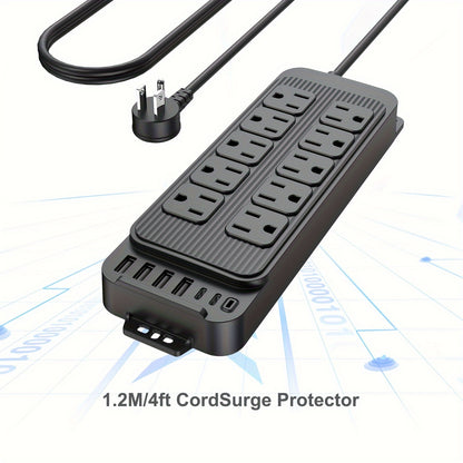 Regleta de enchufe plano, cable de extensión plano delgado de 4 pies, 10 tomas de corriente amplias, 6 puertos USB (2 USB C) estación de carga de escritorio, regleta de alimentación compacta con protector contra sobretensiones para viajes, hogar, ofi