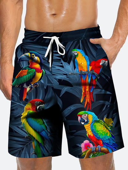 Pantalones cortos activos informales con estampado de loros para hombre, pantalones cortos de playa con cordón para resort de playa de verano, pantalones cortos de una sola capa sin forro de malla