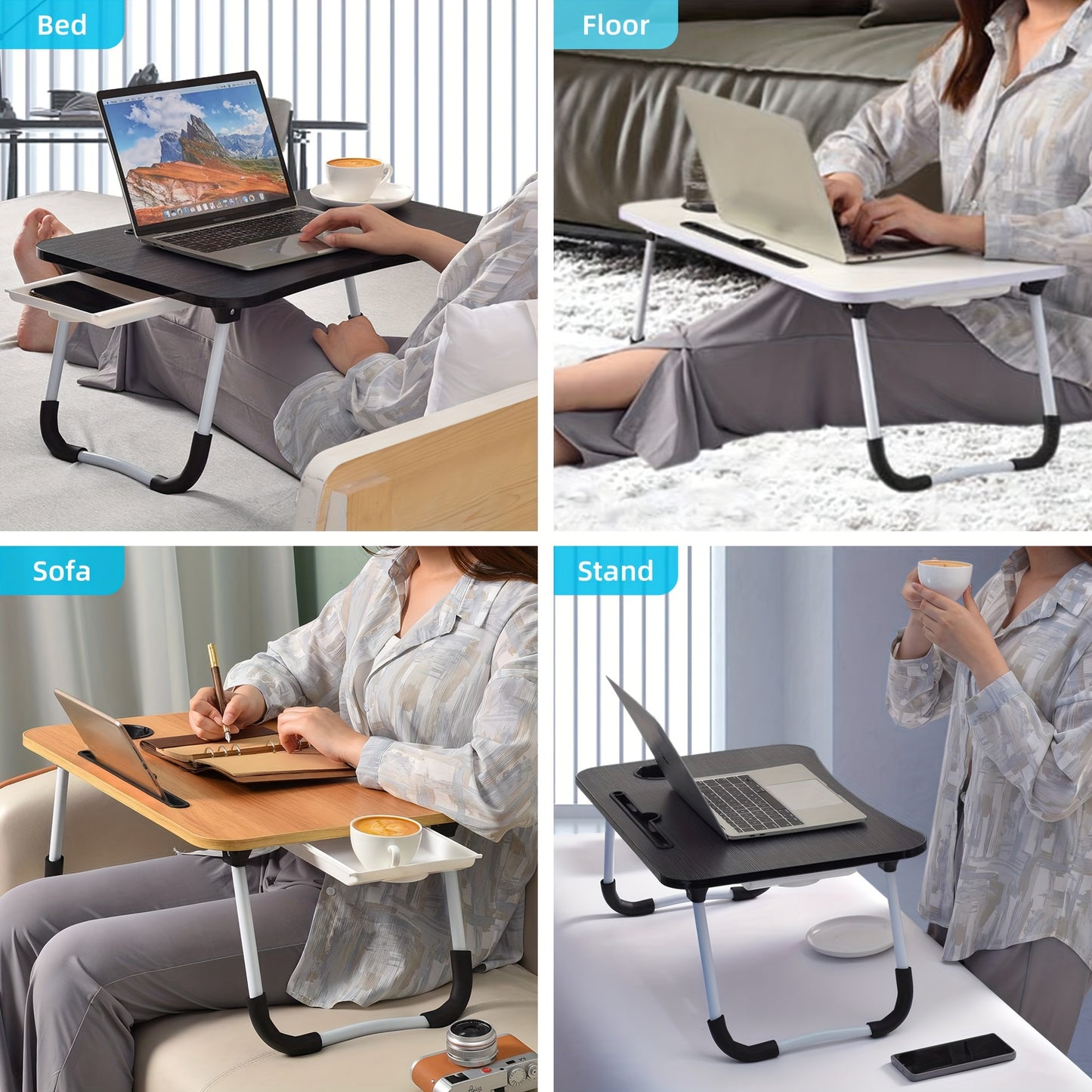 Bandeja para mesa de escritorio para computadora portátil con portavasos/cajón para cama/sofá/sofá/estudio/lectura/escritura en un piso bajo para sentarse Bandejas de cama para escritorio plegables y portátiles grandes para comer y computadoras portátiles