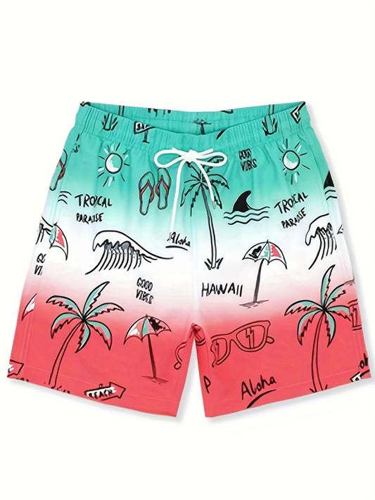 Sketch Pantalones cortos hawaianos de secado rápido para hombre con bolsillos, bañador informal con cordón gráfico para vacaciones de verano, playa, piscina al aire libre