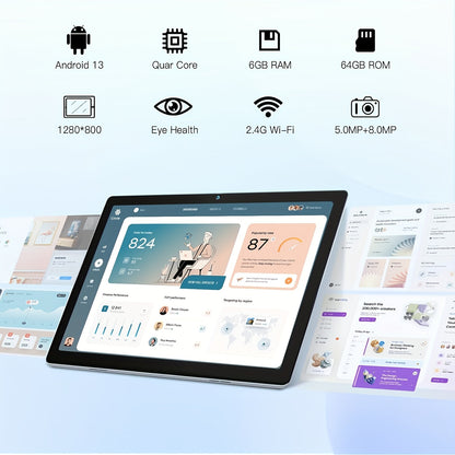 Tableta Android 13 de 10 pulgadas, tableta de cuatro núcleos, memoria de 2 GB, ROM de 64 GB, expansión de 128 GB, 5000 mAh, pantalla táctil HD de 1280 x 800, 5 millones de píxeles + 8 millones de píxeles, WiFi, cámara dual