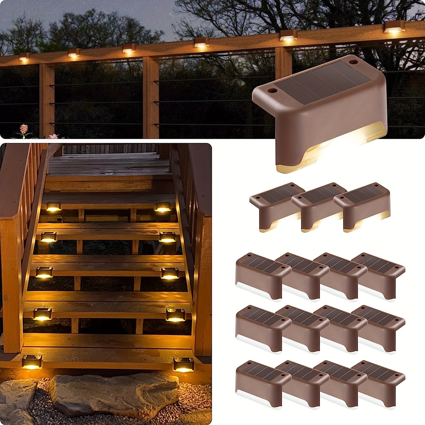 Paquete de 16 luces solares para jardín al aire libre, luces para cubierta de escaleras, luces de pared para pasillo, luz decorativa para riel