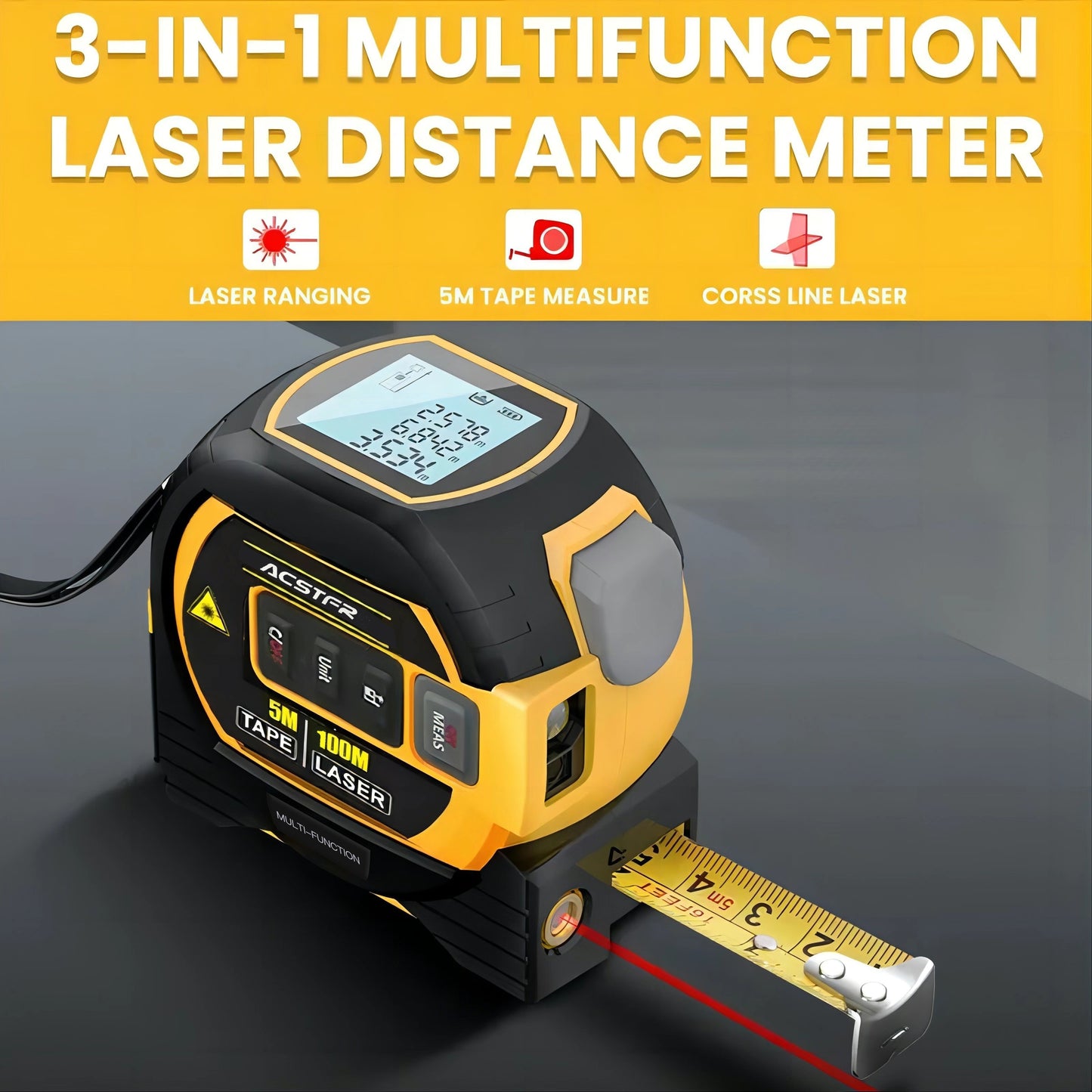 Cinta métrica láser 3 en 1, cinta métrica Digital, telémetro láser de alta precisión, cinta métrica de acero, 1 ud.