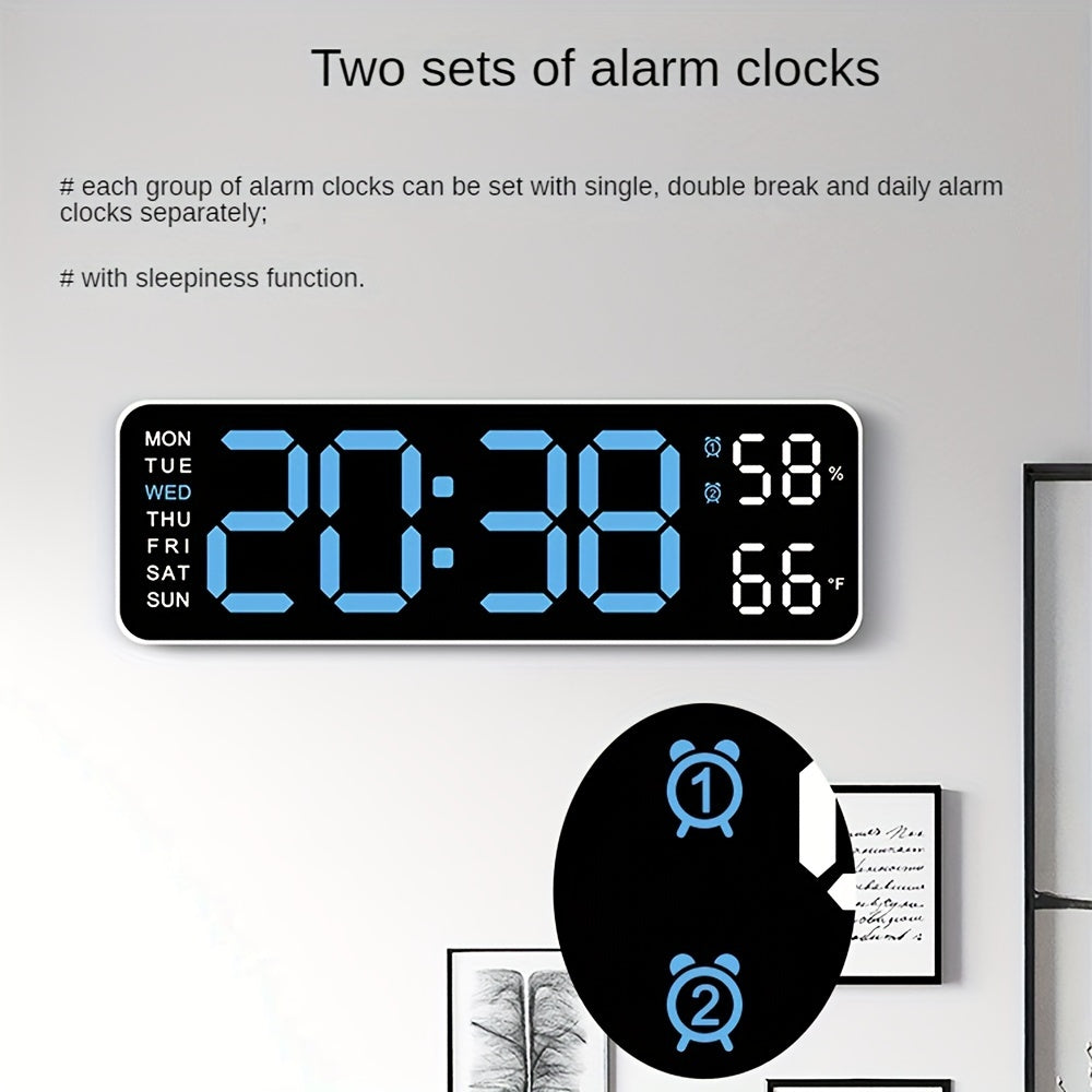 Reloj Digital de Pared, Visualización de Temperatura y Humedad, Brillo Ajustable, con Alarma Electrónica LED de Mesa, 12/24H para Decoración del Hogar