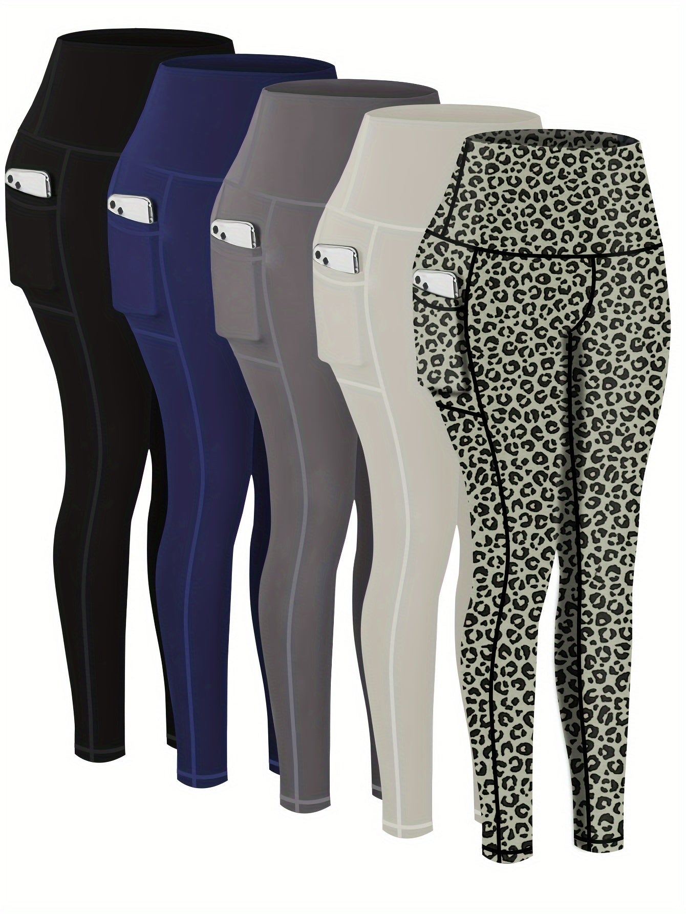 Paquete de 5 leggings deportivos de talla grande para mujer, pantalones de yoga cortos de cintura alta con bolsillos, medias de compresión para correr para primavera y otoño