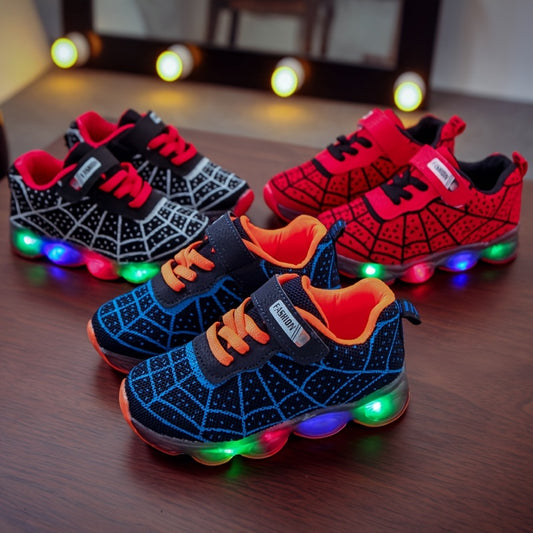 Zapatos informales tejidos con rojo de araña y luz LED para niños, zapatillas transpirables antideslizantes para caminar, correr y entrenar