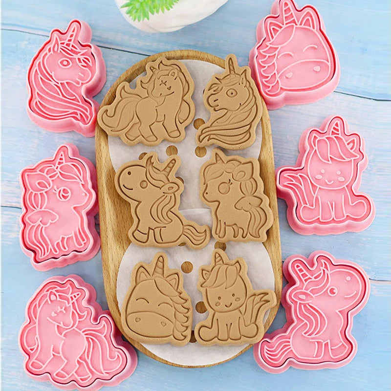 Juego de cortadores de galletas de unicornio con sellos de émbolo, sello de galletas en relieve en forma de unicornio para galletas, Fondant, queso, hornear, 6 piezas