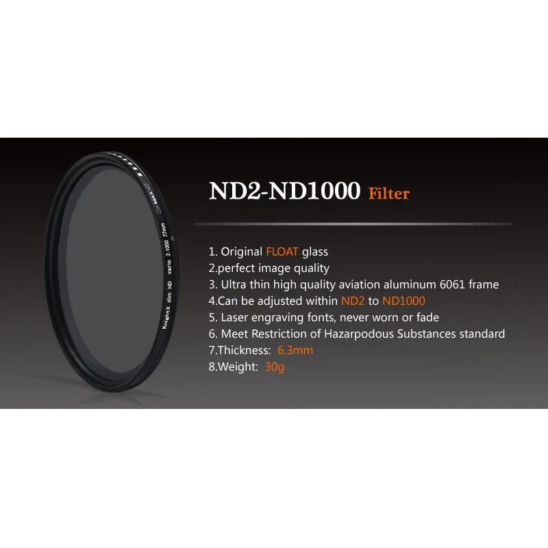 ND2-ND1000-filtro ND Variable para cámara SLR DSLR, Fader de densidad neutra, ND2-400 ajustable de 49, 52, 55, 58, 62, 67, 72 y 77 mm