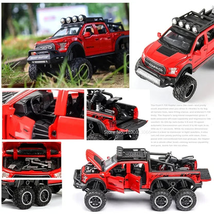 Modelos de coches todoterreno Raptor F150 para niño, juguetes de aleación fundida a presión con luz de sonido, vehículo de Metal extraíble, colección de regalos, 1/28