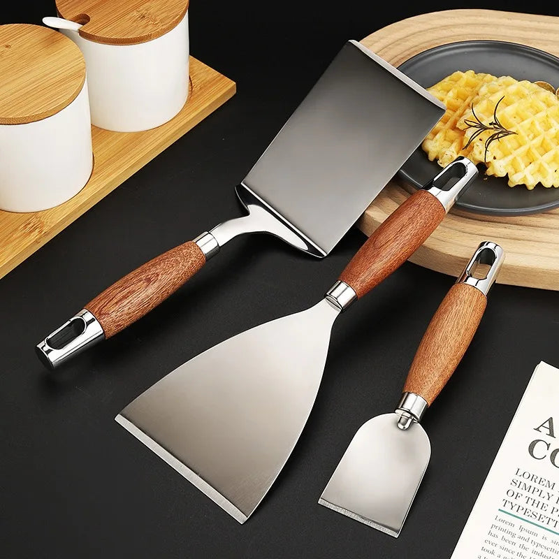 Stainless Steel Square Head Steak Cooking Spatula Pizza Shovel Pancake Beef Turner Scraper Wood Handle BBQ Utensils for Kitchen