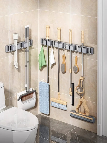 Mop and Broom Organizer Mop Holder Rack Mop Holder Wall Mounted Strong Broom Mop Holder Self With 5 Hooks Organizers Hang Broom