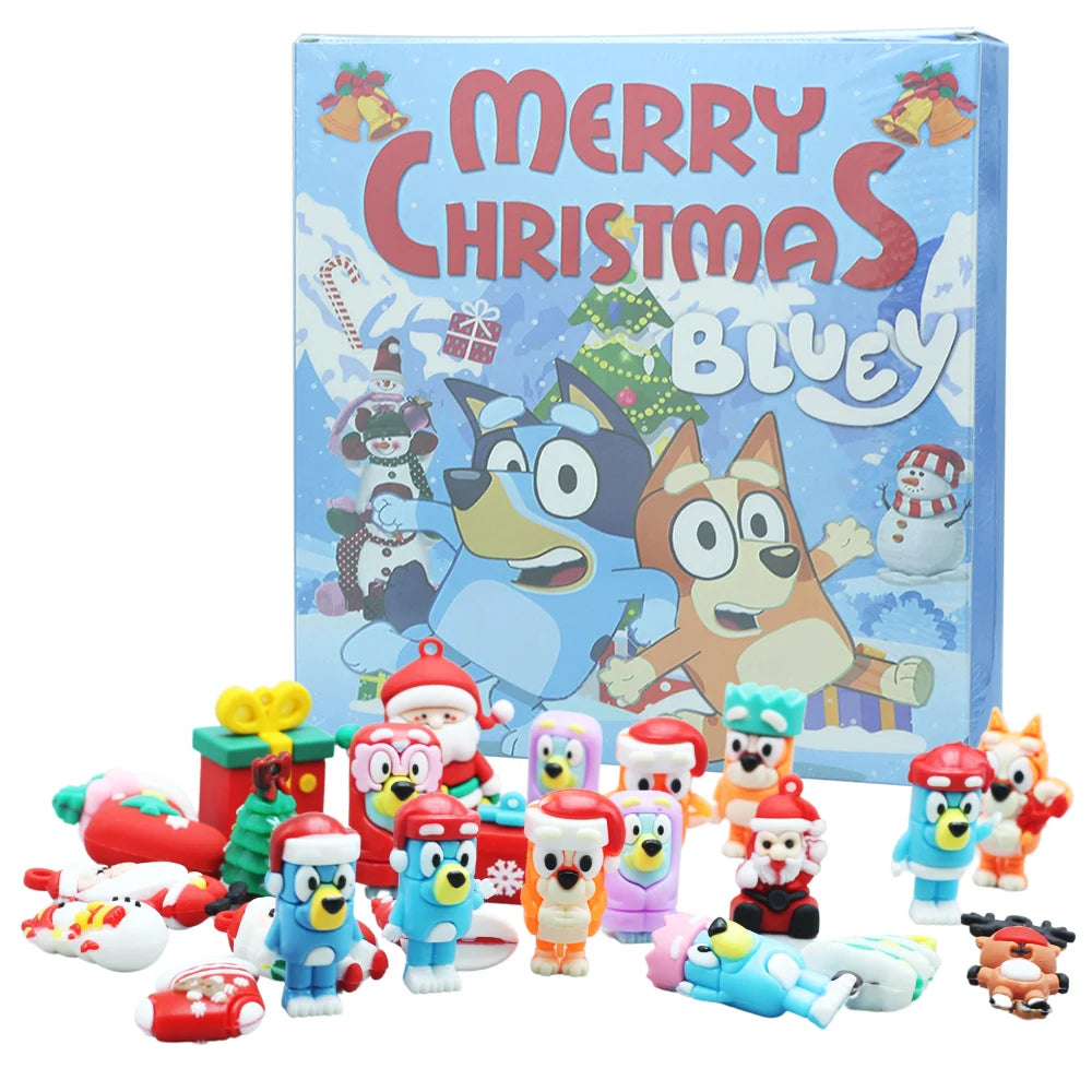 Figuras de acción de PVC para niños, Set de 24 piezas, calendario de adviento de Navidad, caja ciega, regalo de cumpleaños, Kawaii Blue Dog