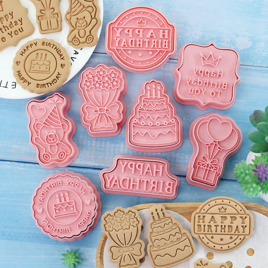 Cortadores de galletas para feliz cumpleaños, molde de plástico para galletas Pressable de dibujos animados, sello de galletas de confitería, herramientas de pastelería para hornear, 8 piezas