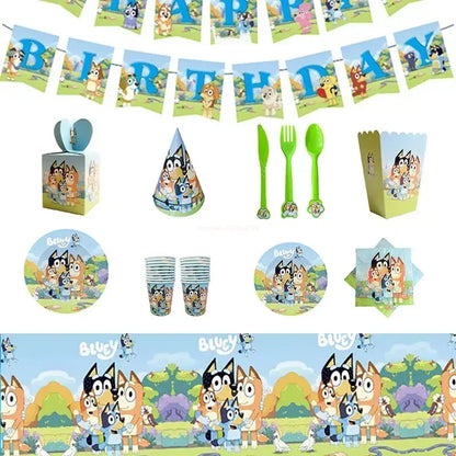 Bluey-vajilla desechable para fiesta de cumpleaños, platos de papel, vasos de papel, pañuelos, decoración para fiesta de cumpleaños de niños