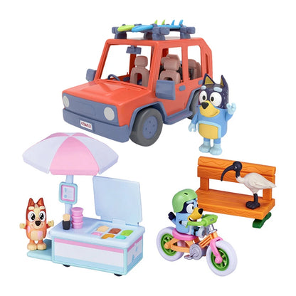 Bluey figuras de anime, juego de juguetes, modelo de coche de viaje, bicicleta, camión de helados, adornos de escena, decoraciones de escritorio, regalos de cumpleaños para niños