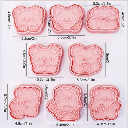 Molde de galletas con forma de oso de dibujos animados, molde de presión de mano 3D, postre, Fondant, herramientas de decoración para hornear pasteles, 8 piezas por juego