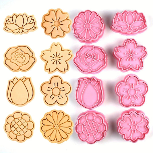 Cortador de galletas de flores de 8 piezas, molde de galletas Pressable de dibujos animados de plástico, sello de galletas de confitería, herramientas de pastelería para hornear de cocina