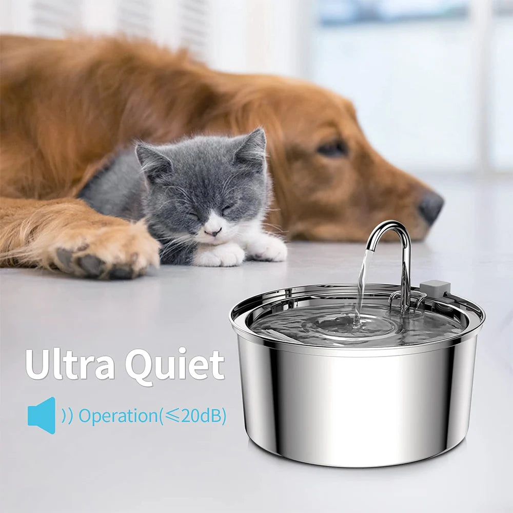 Alimentador de agua de acero inoxidable para mascotas, fuente de agua automática, USB, eléctrica, silenciosa, filtro para gatos y perros, recipiente para beber inteligente