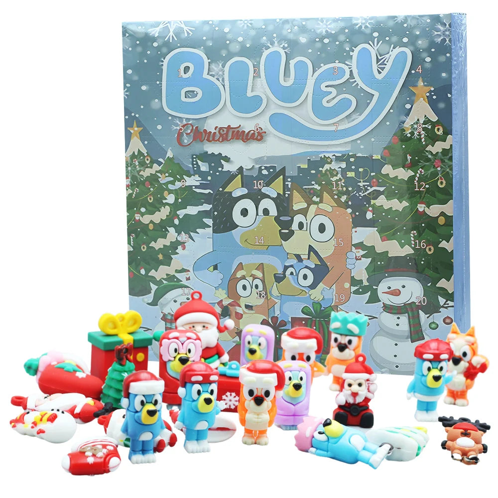 Figuras de acción de PVC para niños, Set de 24 piezas, calendario de adviento de Navidad, caja ciega, regalo de cumpleaños, Kawaii Blue Dog