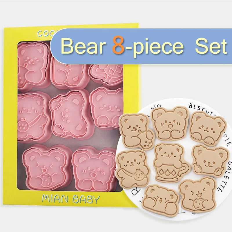 Molde de galletas con forma de oso de dibujos animados, molde de presión de mano 3D, postre, Fondant, herramientas de decoración para hornear pasteles, 8 piezas por juego