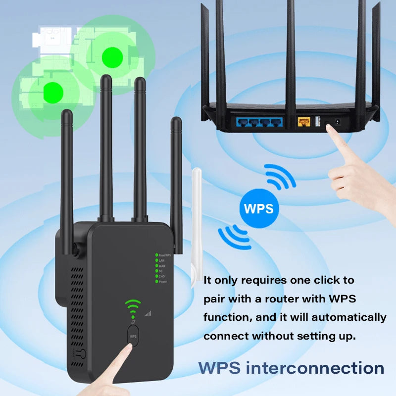 Repetidor extensor WIFI de 1200Mbps, amplificador de señal WiFi inalámbrico de cuatro antenas de doble banda, 2,4G, 5G, para sala de estar y dormitorio, enrutador WPS