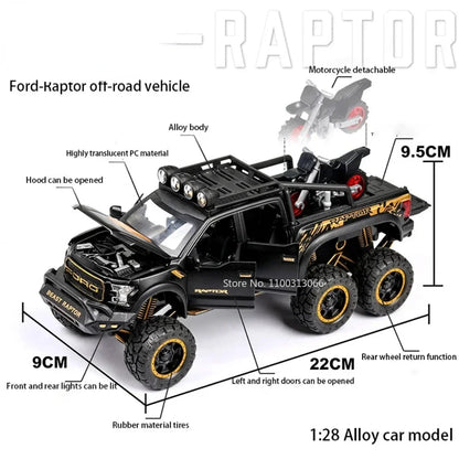 Modelos de coches todoterreno Raptor F150 para niño, juguetes de aleación fundida a presión con luz de sonido, vehículo de Metal extraíble, colección de regalos, 1/28