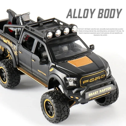 Modelos de coches todoterreno Raptor F150 para niño, juguetes de aleación fundida a presión con luz de sonido, vehículo de Metal extraíble, colección de regalos, 1/28