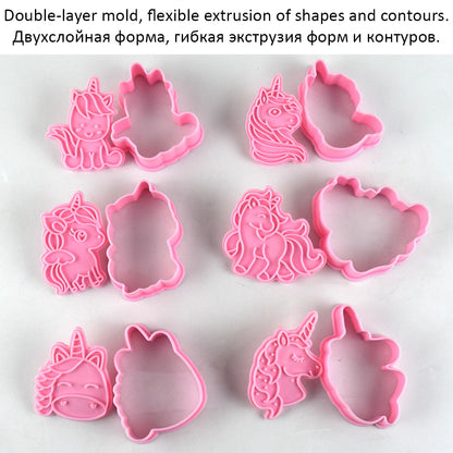 Juego de cortadores de galletas de unicornio con sellos de émbolo, sello de galletas en relieve en forma de unicornio para galletas, Fondant, queso, hornear, 6 piezas