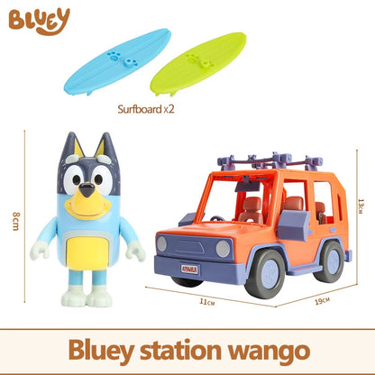 Bluey figuras de anime, juego de juguetes, modelo de coche de viaje, bicicleta, camión de helados, adornos de escena, decoraciones de escritorio, regalos de cumpleaños para niños