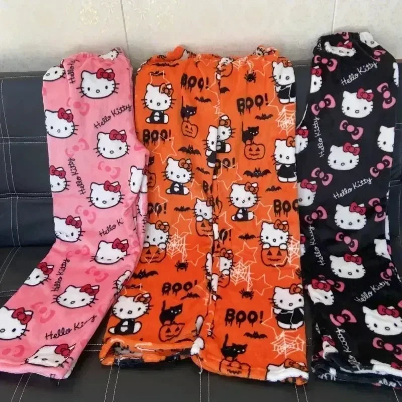 Sanrio-Pijama de franela de Hello Kitty Y2k para mujer, pantalones cálidos de lana con dibujos animados, informales, para el hogar, Otoño e Invierno