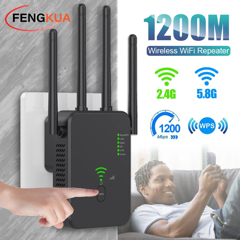 Repetidor extensor WIFI de 1200Mbps, amplificador de señal WiFi inalámbrico de cuatro antenas de doble banda, 2,4G, 5G, para sala de estar y dormitorio, enrutador WPS