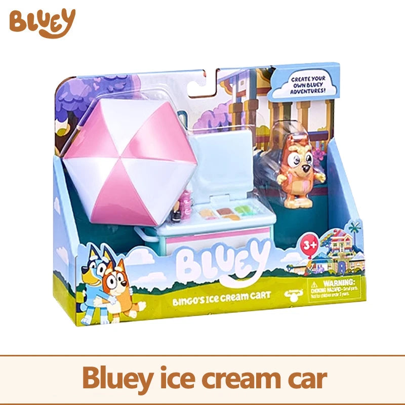 Bluey figuras de anime, juego de juguetes, modelo de coche de viaje, bicicleta, camión de helados, adornos de escena, decoraciones de escritorio, regalos de cumpleaños para niños