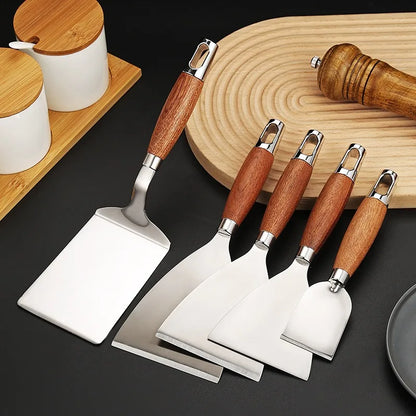 Stainless Steel Square Head Steak Cooking Spatula Pizza Shovel Pancake Beef Turner Scraper Wood Handle BBQ Utensils for Kitchen