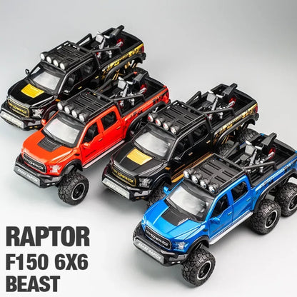 Modelos de coches todoterreno Raptor F150 para niño, juguetes de aleación fundida a presión con luz de sonido, vehículo de Metal extraíble, colección de regalos, 1/28