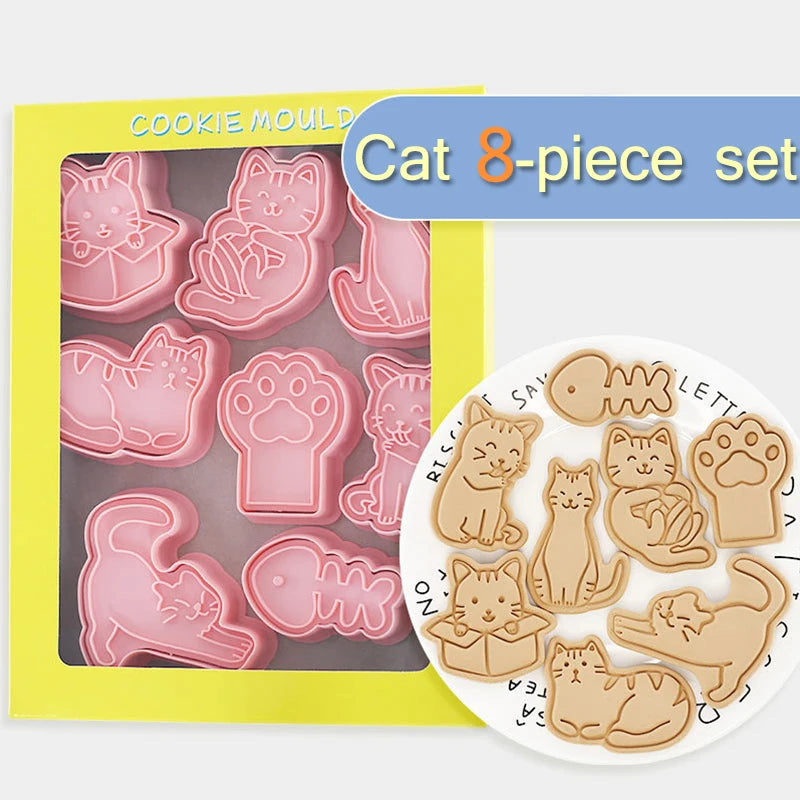 Juego de moldes para galletas de gato de dibujos animados, garra de gato, forma de hueso de pescado, sello de galletas, Fondant, herramientas de decoración de pasteles, presión de mano 3D, plástico, 8 piezas