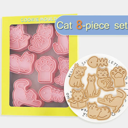 Juego de moldes para galletas de gato de dibujos animados, garra de gato, forma de hueso de pescado, sello de galletas, Fondant, herramientas de decoración de pasteles, presión de mano 3D, plástico, 8 piezas