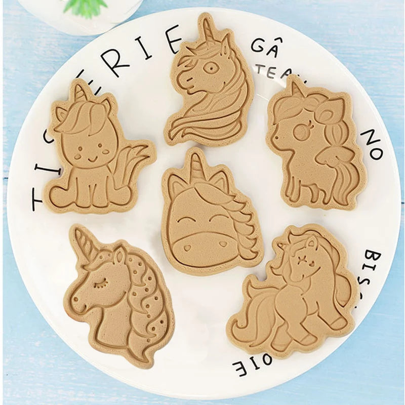 Juego de cortadores de galletas de unicornio con sellos de émbolo, sello de galletas en relieve en forma de unicornio para galletas, Fondant, queso, hornear, 6 piezas