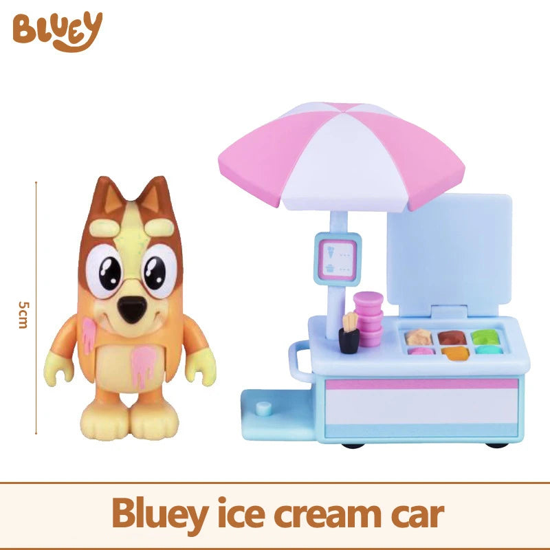 Bluey figuras de anime, juego de juguetes, modelo de coche de viaje, bicicleta, camión de helados, adornos de escena, decoraciones de escritorio, regalos de cumpleaños para niños