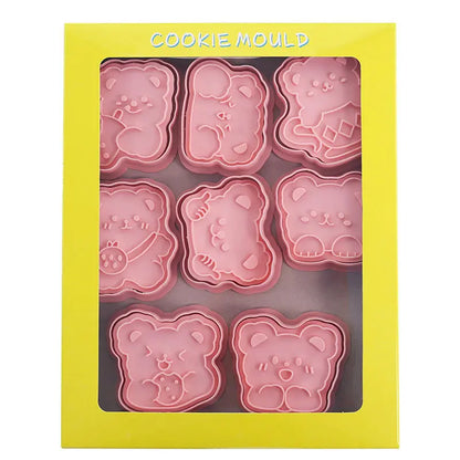 Molde de galletas con forma de oso de dibujos animados, molde de presión de mano 3D, postre, Fondant, herramientas de decoración para hornear pasteles, 8 piezas por juego