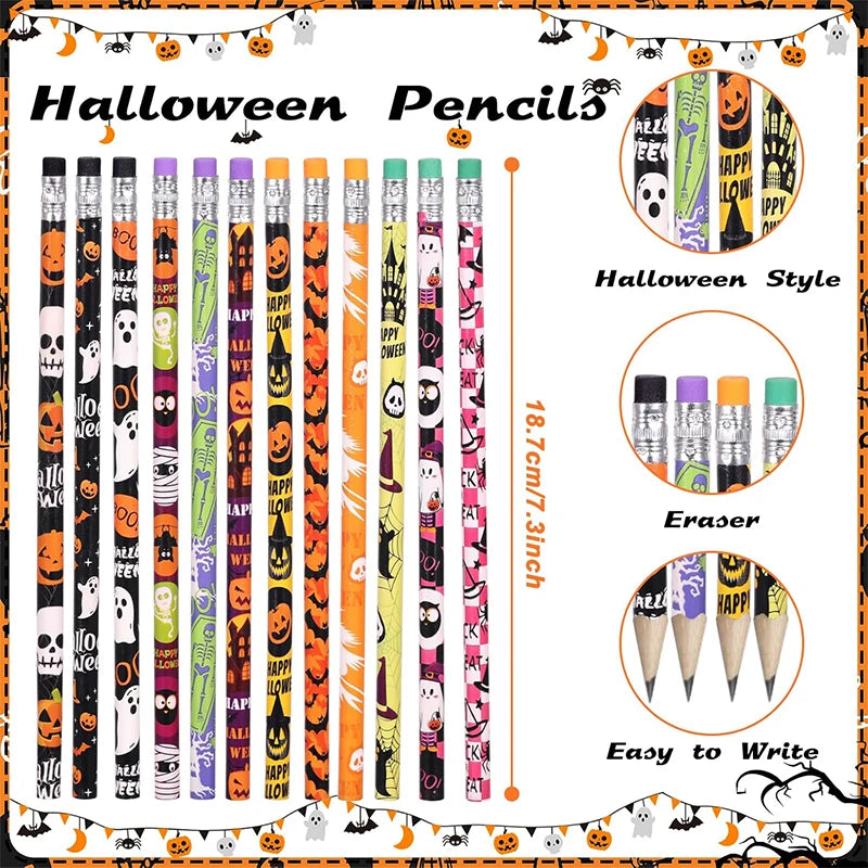 24Pcs Halloween Wooden Pencils Kids Halloween Party Favors Trick or Treat Gifts Pumpkin Ghost Writing Pencil Birthday Stationery