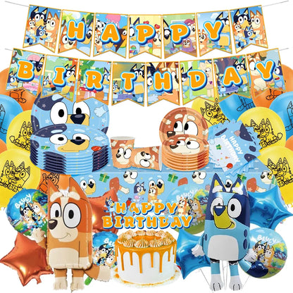 Bluey-Juego de platos y cubiertos para fiesta de cumpleaños, cartel desechable para decoración de tartas, globos de bandera colgante, lindo perro familiar